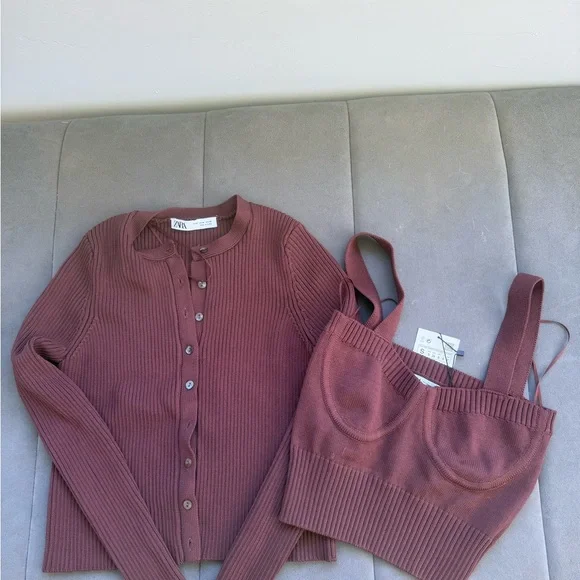 Zara Ribbed Knit Tank and Cardigan Set - Rust - Picture 1 of 5